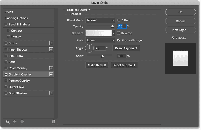 Gradient Overlay options in the Layer Style dialog box in Photoshop