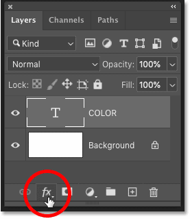 Clicking the Layer Effects icon in the Layers panel in Photoshop