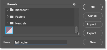 Gradient saved as a custom preset in Photoshop's Gradient Editor