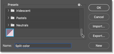 Gradiente guardado como un ajuste preestablecido personalizado en el Editor de degradado de Photoshop