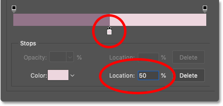 Cambie la ubicación correcta del color del degradado al 50 por ciento en el Editor de degradado de Photoshop