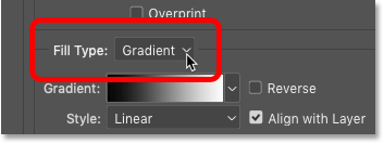 Ajustez le type de remplissage de l'effet de calque de trait sur le dégradé dans Photoshop