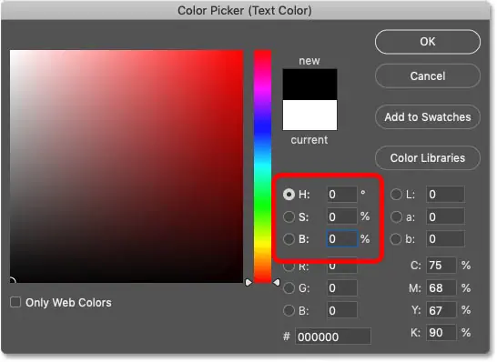 Выбор черного цвета в палитре цветов в Photoshop