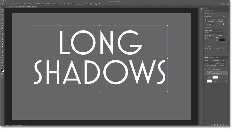 The Free Transform box manipulates text in a Photoshop document