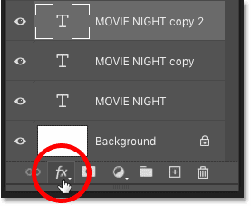 Add a layer effect to text by clicking the fx icon in the Layers panel in Photoshop