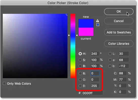 Establezca el color del segundo trazo en azul en el Selector de color en Photoshop