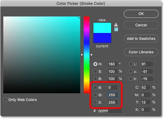ضبط لون ضربة الفرشاة الثالثة على اللون السماوي في Color Picker في Photoshop