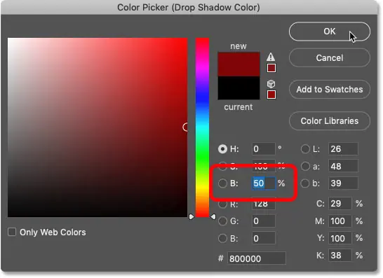 Diminuer la luminosité d'un échantillon de couleur dans le sélecteur de couleurs de Photoshop