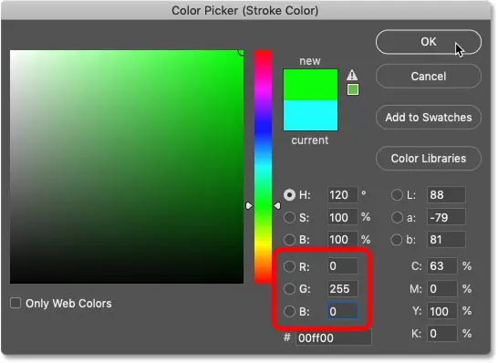 Отрегулируйте цвет четвертого штриха на зеленый в палитре цветов Photoshop.