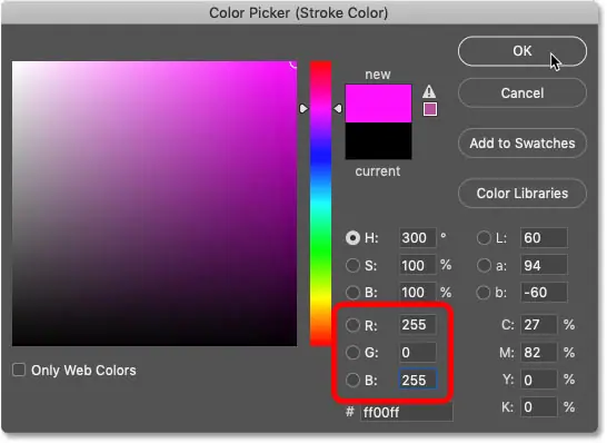 اختيار اللون الأرجواني في منتقي الألوان في Photoshop