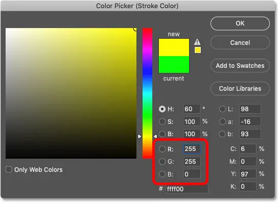 Stellen Sie die Farbe des fünften Strichs im Farbwähler in Photoshop auf Gelb ein