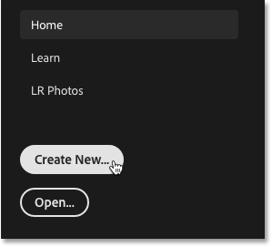 Cliquez sur le bouton Créer nouveau pour créer un nouveau document Photoshop à partir de l'écran d'accueil.