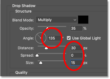 Ajuste el ángulo, la distancia y el tamaño de la sombra paralela en el cuadro de diálogo Estilo de capa de Photoshop