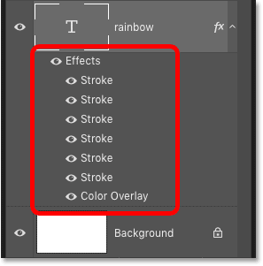 The Layers panel in Photoshop displays layer effects applied to a type layer