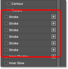 Multiple strokes are still visible in Photoshop's Layer Style dialog