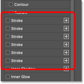 Les multiples bordures sont toujours visibles dans la boîte de dialogue Style de calque de Photoshop