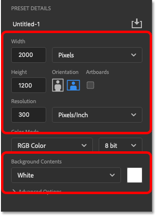 Geben Sie die Größe des neuen Photoshop-Dokuments ein