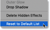 Choosing the Reset to Default List command in the Layer Style dialog box in Photoshop