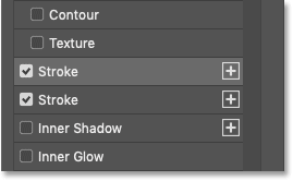 A second stroke is added in the Layer Style dialog box in Photoshop