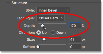 Increase the depth value for the Bevel and Emboss layer style