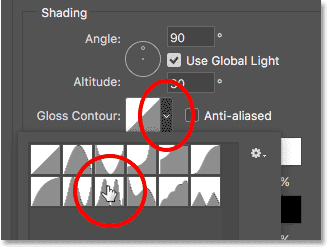 Ändern Sie in den Abschrägungs- und Prägeoptionen von Photoshop die Option „Glanzkontur“ in „Ring – Doppelt“.