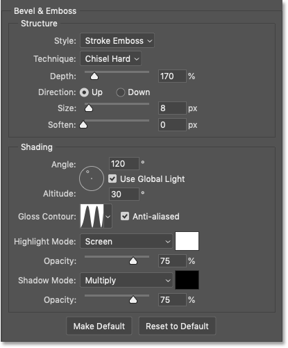 Bevel and Emboss settings in Photoshop for the Stroke in Gold text effect