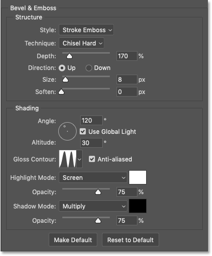 Configuración de bisel y relieve en Photoshop para el efecto de texto Trazo en oro