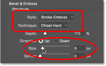 Style, technique, and size options for the stroke layer style