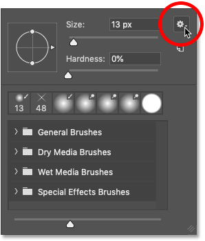 Hacer clic en el icono de menú Selector de pinceles preestablecidos en Photoshop CC