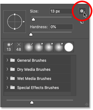 النقر على أيقونة قائمة Brush Preset Picker في Photoshop CC