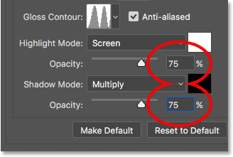 Aumente los valores de opacidad de luces y sombras en las opciones de bisel y relieve de Photoshop