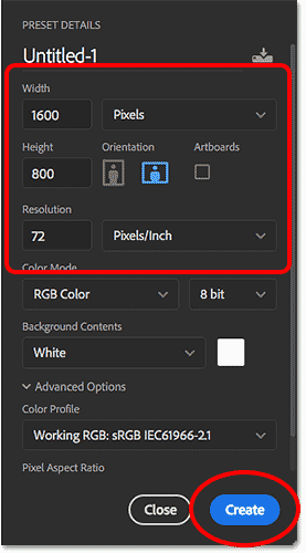 The width, height, and resolution of your new Photoshop document