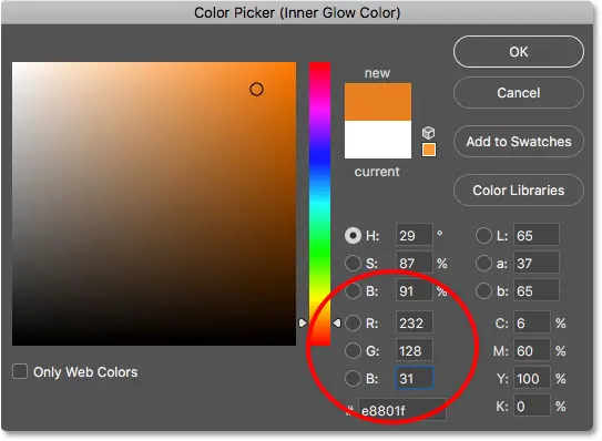 Cambia el color del brillo interior usando el Selector de color