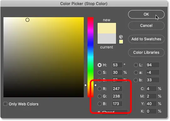 Измените цвет левой части золотого градиента в Photoshop.