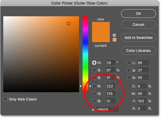 Changer la couleur de la lueur extérieure dans le sélecteur de couleurs