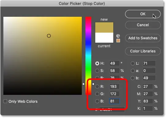 Changer la couleur du côté droit du dégradé doré dans Photoshop