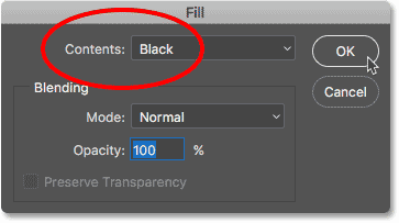 Définissez l'option Contenu sur noir dans la boîte de dialogue Remplissage de Photoshop.