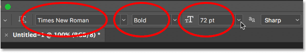 Выберите шрифт для эффекта золотого текста на панели параметров Photoshop.