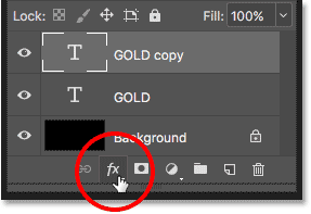 Clicking the Layer Styles icon in the Layers panel in Photoshop