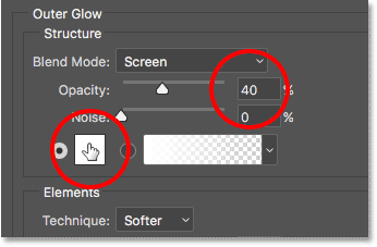 Adjust the opacity and change the color of the outer glow