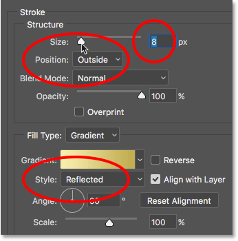 Stroke options in the Layer Style dialog box