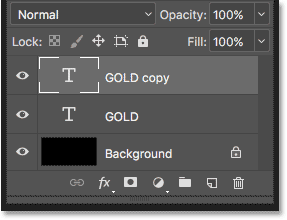 Photoshop's Layers panel displays a layer of type Gold Copy