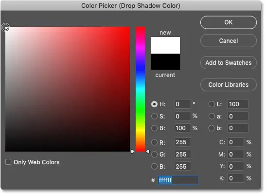 Establezca el color de la sombra paralela en blanco en el Selector de color