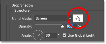 Clicking the Drop Shadow color swatch to change the drop shadow color in Photoshop