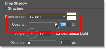 Increase the drop shadow's opacity to 100 percent in Photoshop