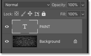 Text on its type layer in the Layers panel in Photoshop