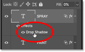 Vuelva a abrir el efecto de capa Sombra paralela de la palabra "SPRAY" en el panel Capas de Photoshop