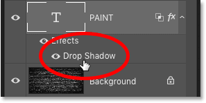 Vuelva a abrir el efecto de capa Sombra paralela de la palabra "PAINT" en el panel Capas de Photoshop