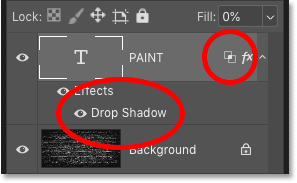 La capa Tipo en Photoshop muestra el efecto Sombra paralela y opciones de fusión avanzadas