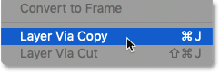 Selecting the New Layer Via Copy command in Photoshop